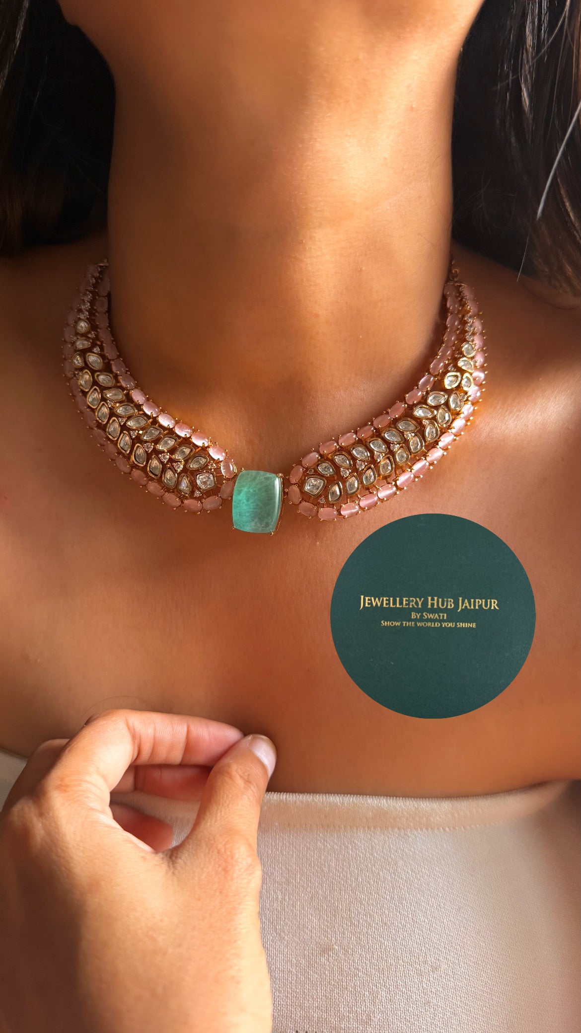 Mint doublet & rose quartz moissanite designer cocktail collar set