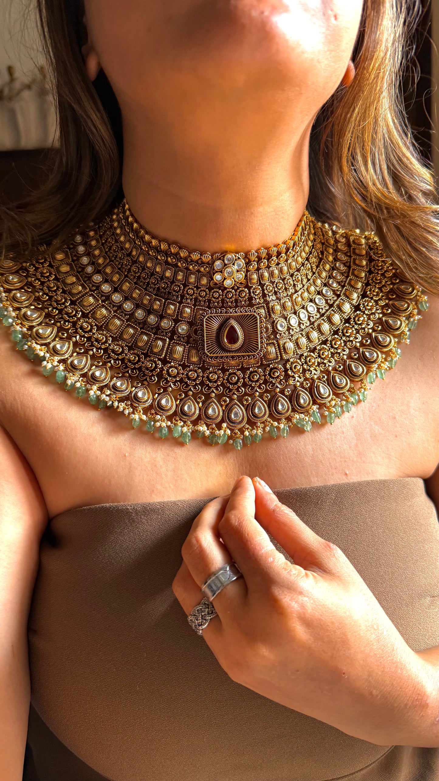 Gold Choker Necklace Mint Green Pearl Detailing