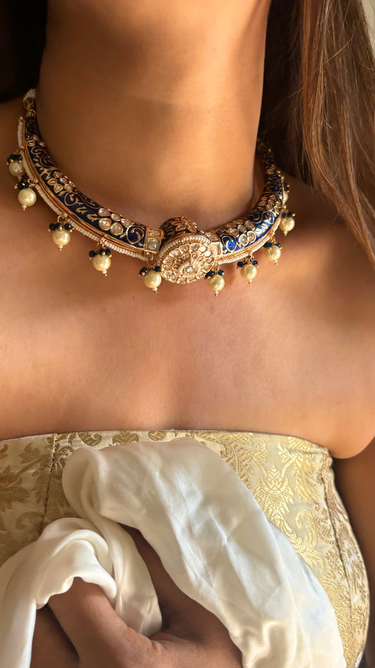 Rajwada meenakari sapphire moissanite hasli
