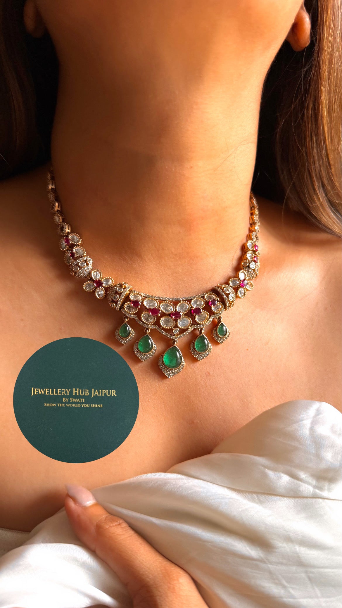 Emerald doublet & rani pink Moissanite collar set