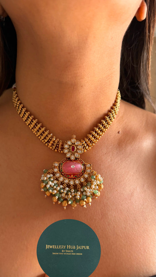 Rose quarts rajwadi necklace with jhumki