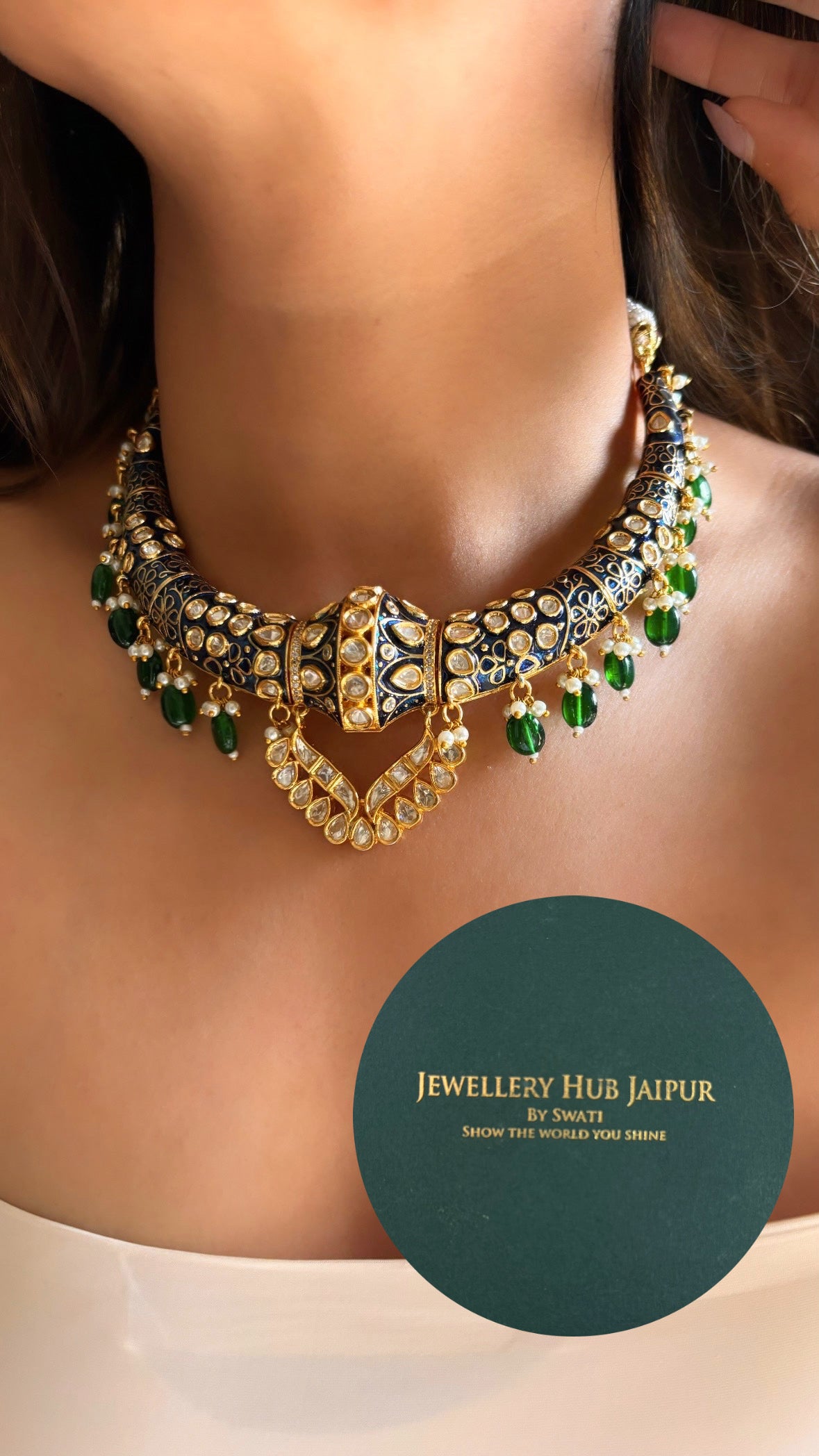 Rajwadi meenakari hasli in sapphire and emerald