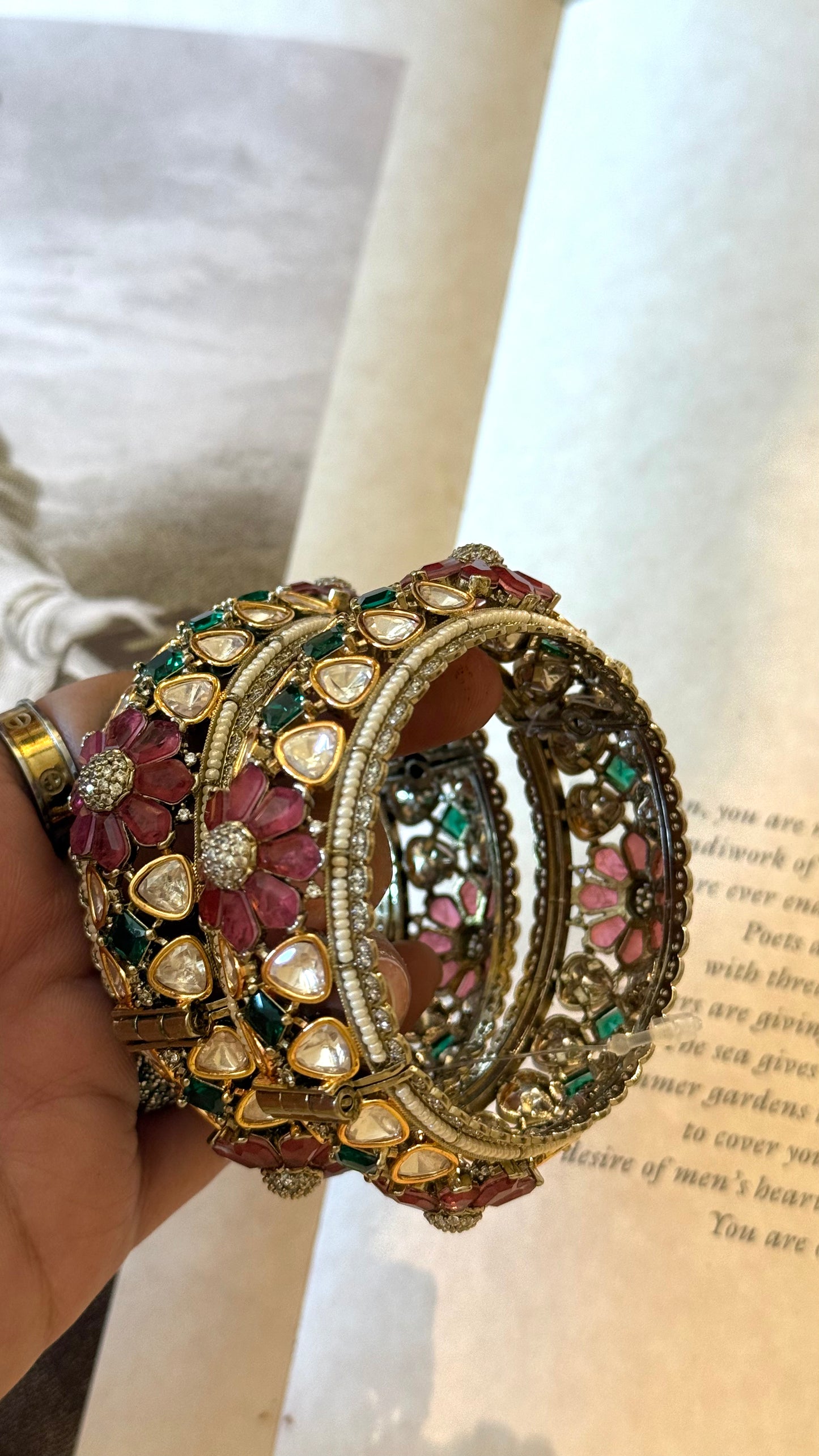 Mauve floral & emerald dual polish polki bangles
