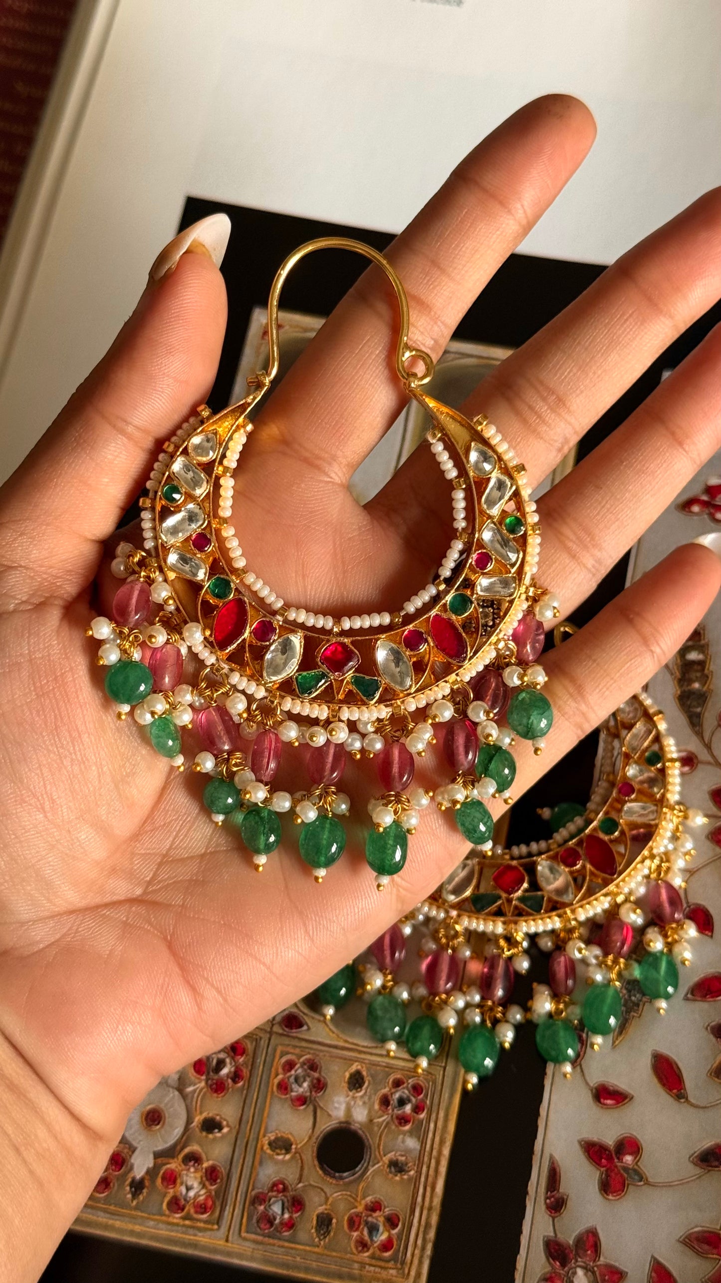 Paachi Rani pink & emerald rajwada style earrings with emerald & rani pink drops