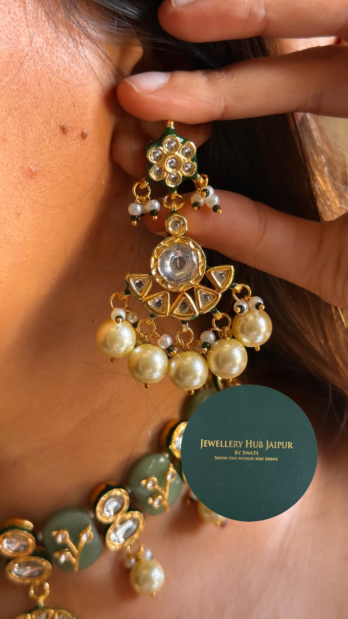 Mint inlay work & emerald meenakari paachi with pearl drop choker set