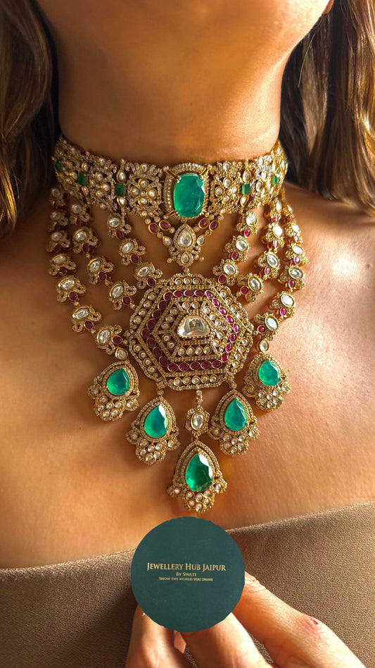 Emerald & rani pink designer bridal necklace