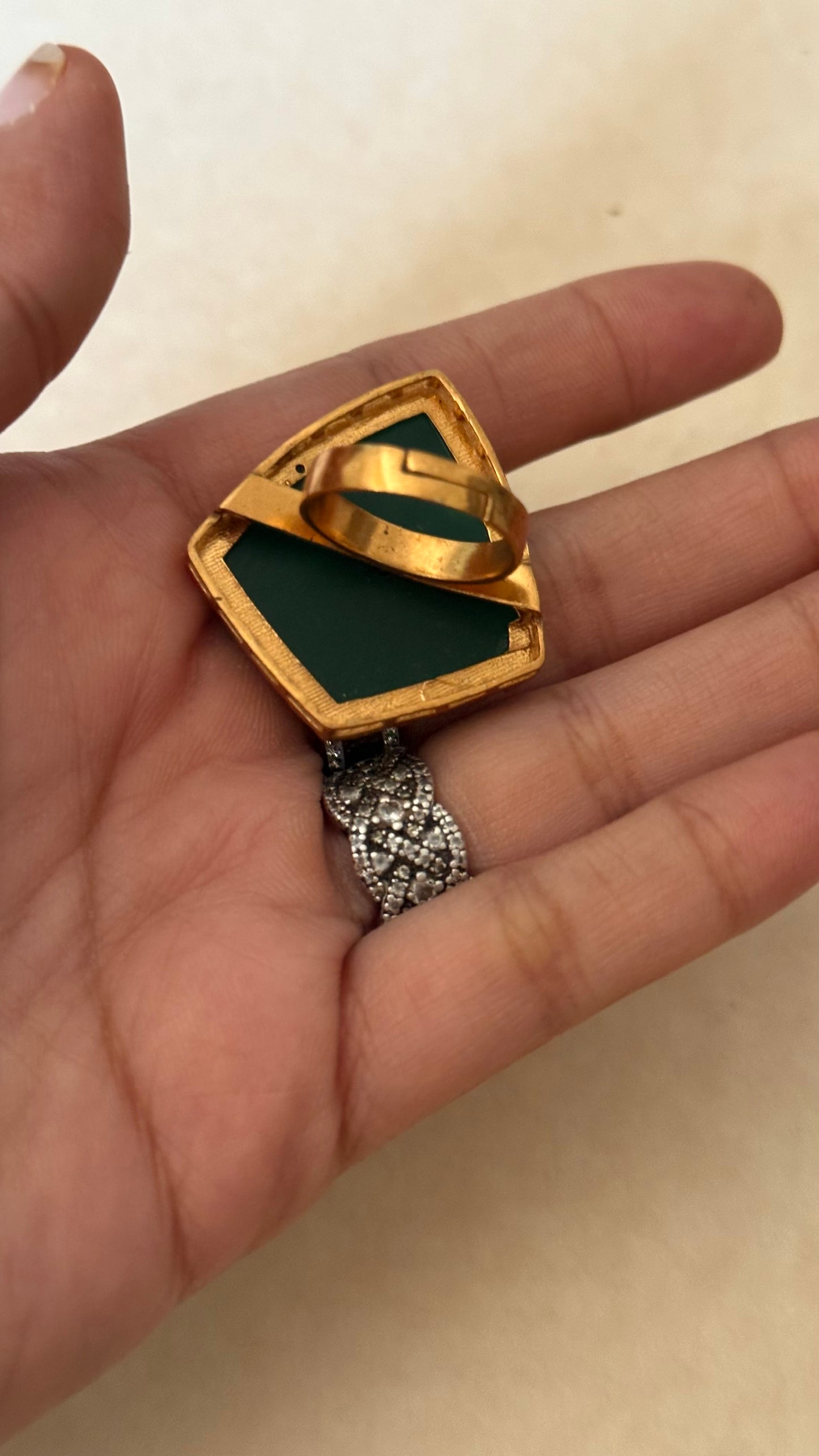 Emerald with inlay work adjustable ring
