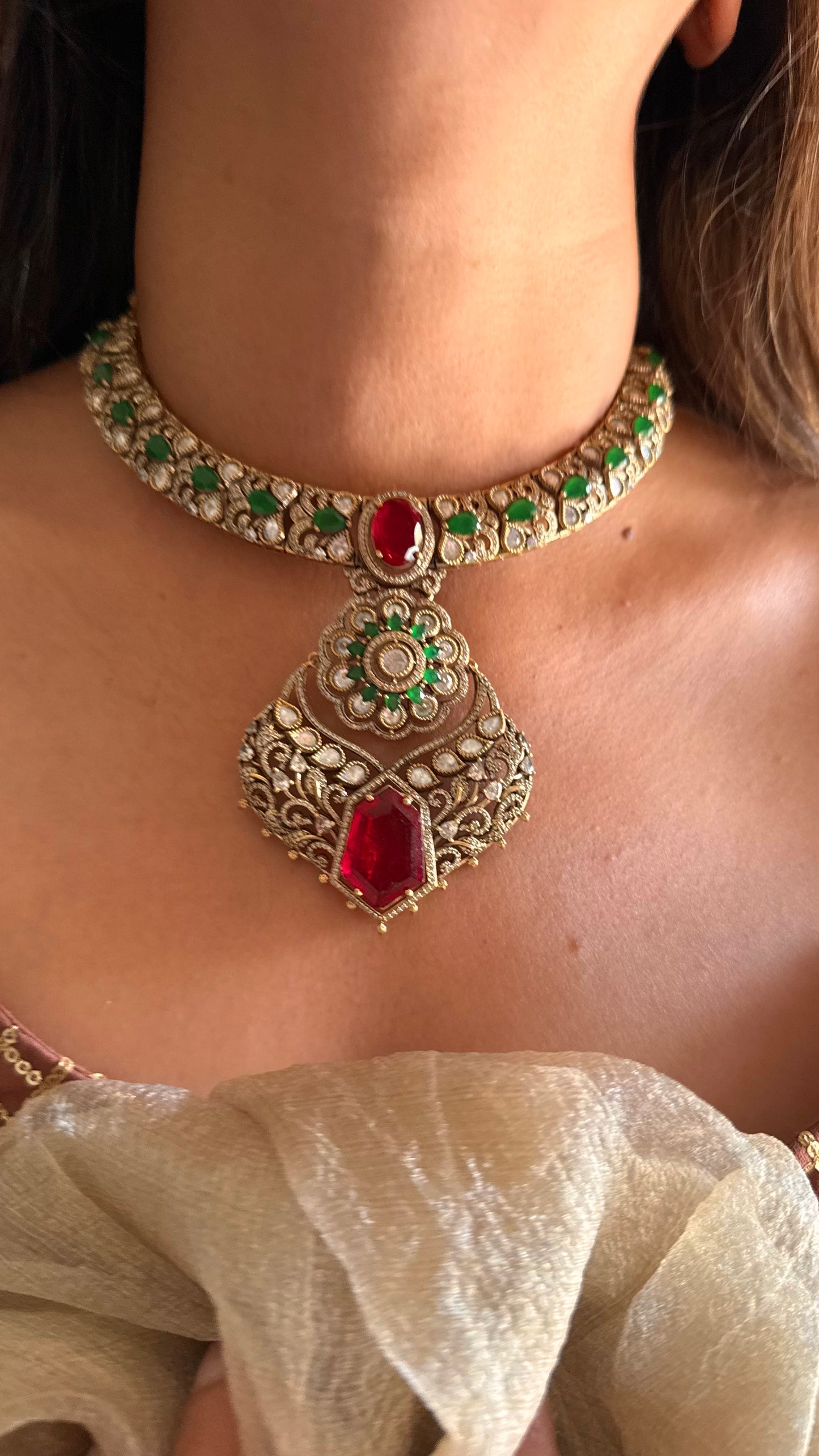 Laali- Ruby doublet & emerald polki moissanite collar necklace