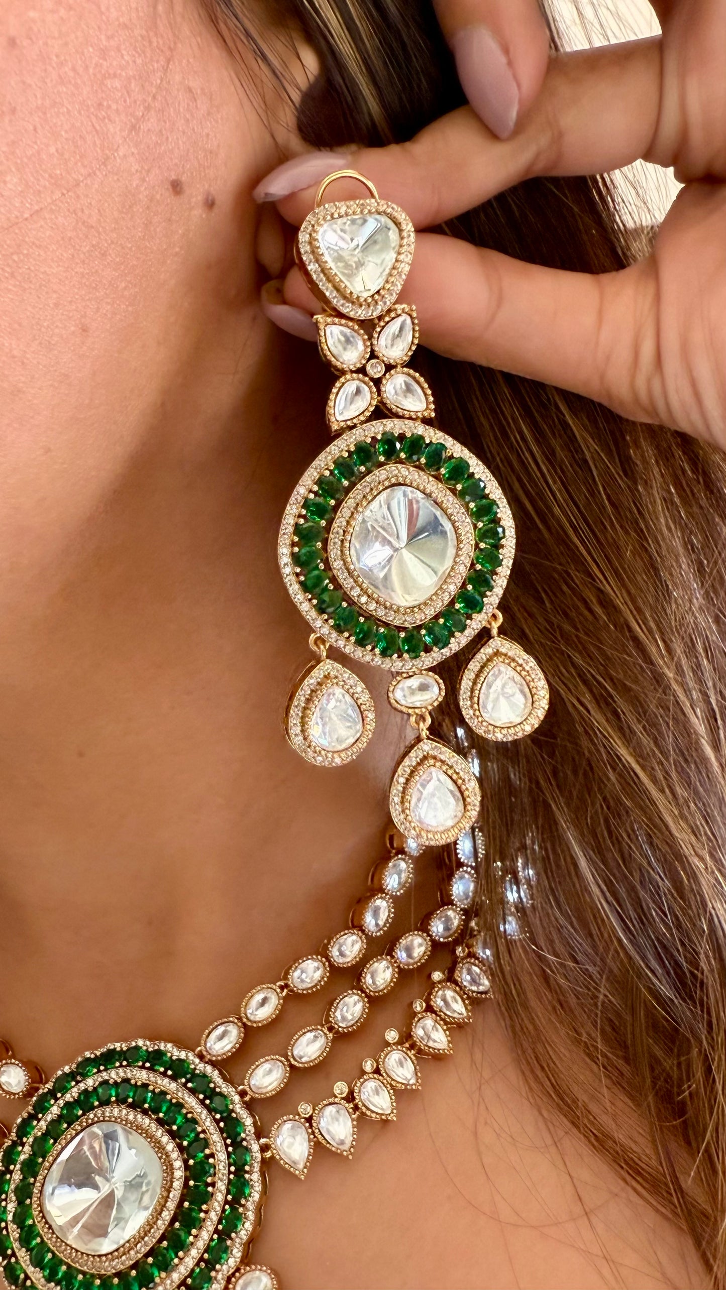 Emerald moissanite polki drop triple layered collar necklace