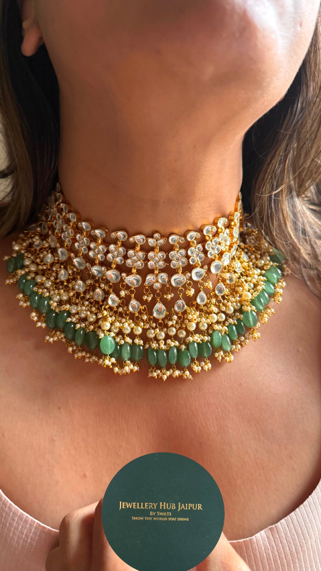 Paachi Kundan jadau with mint drops choker necklace