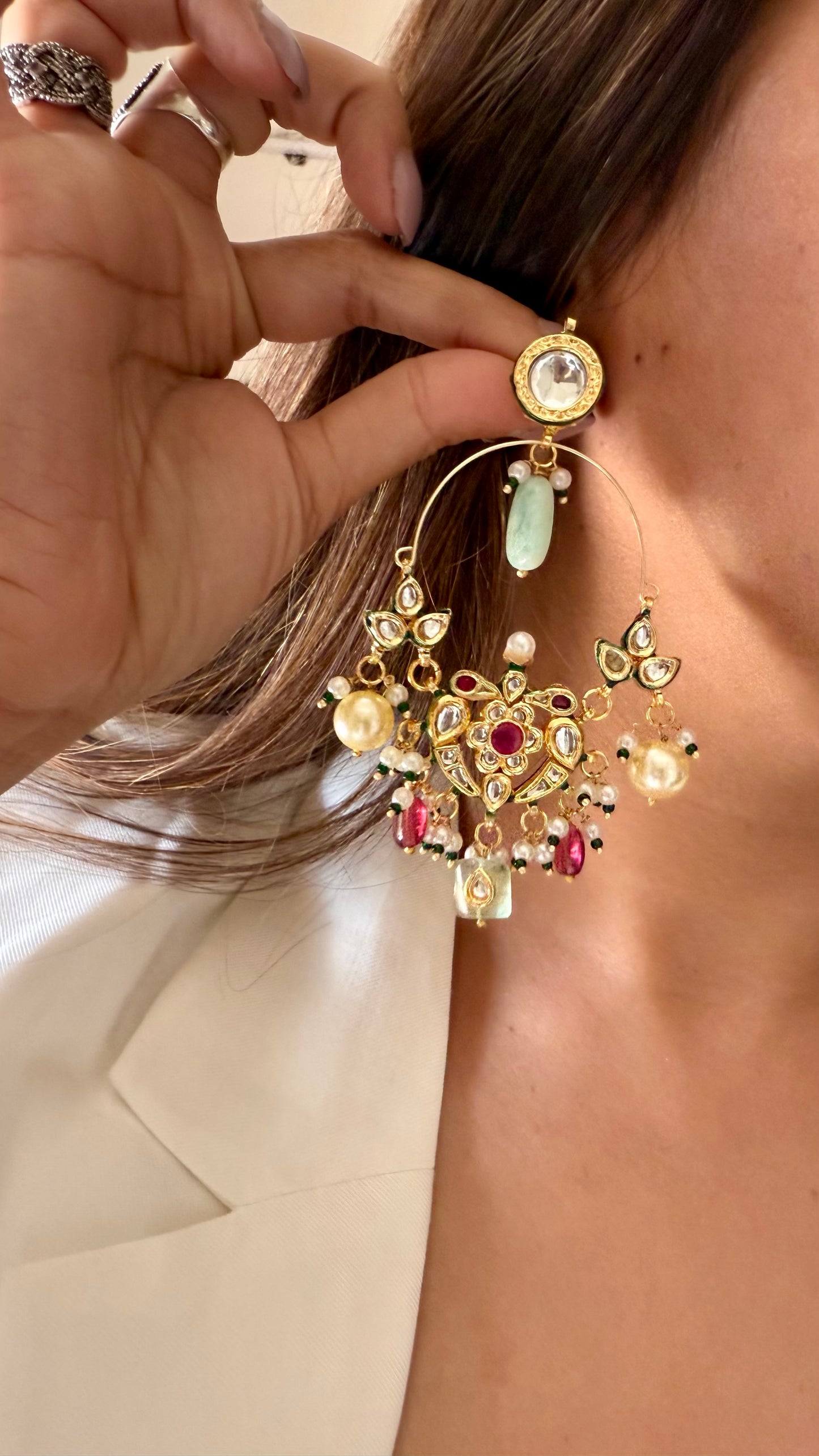 Meenakari ruby drop moissanite polki chandbali