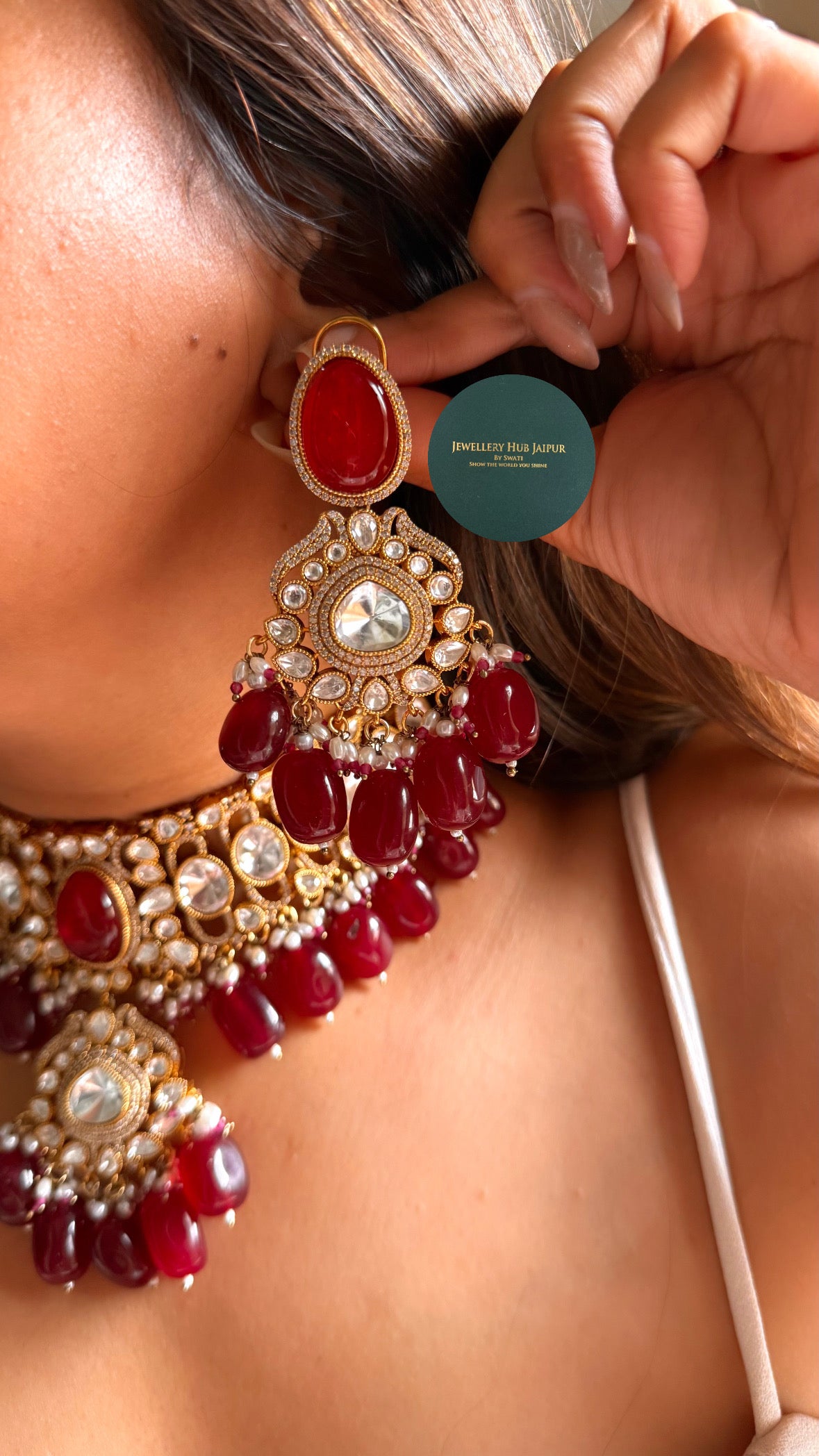 Ruby doublet polki with ruby drops choker set
