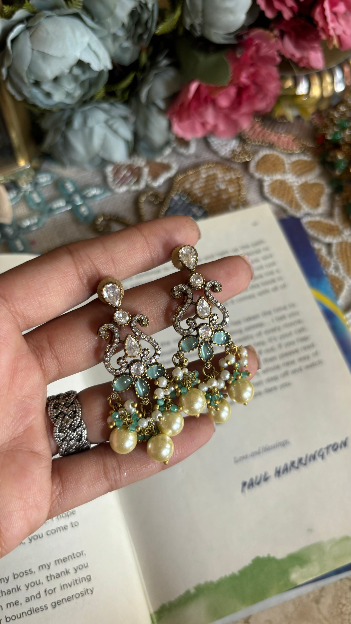 Mint Moissanite collar necklace with earrings