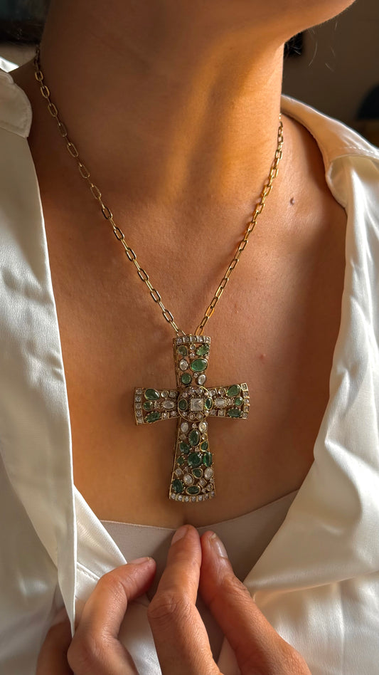 Sabyasachi inspired Green Gemstone and Pavé Byzantine Cross Necklace Set