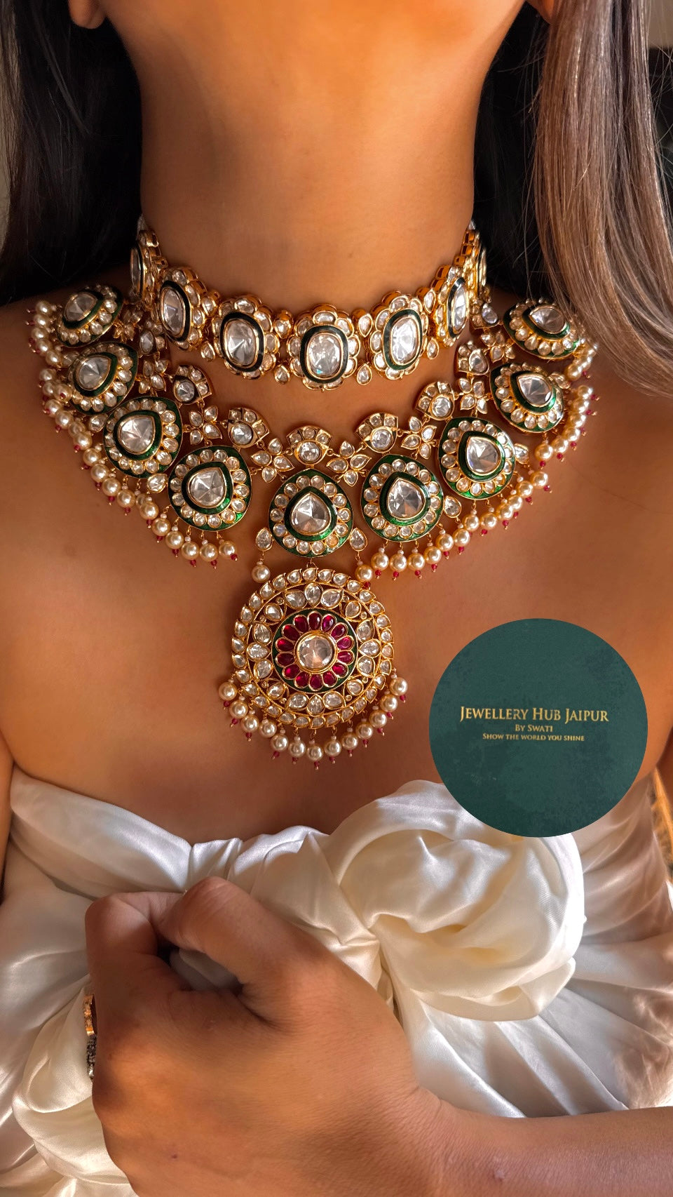 Bridal asia ruby & emerald polki necklace duo