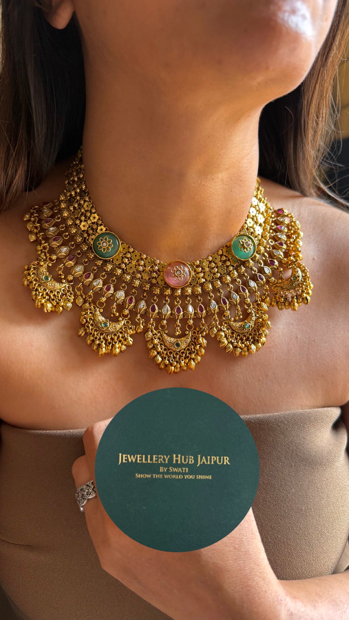 Rose quartz & mint with golden drops Rajwada Necklace