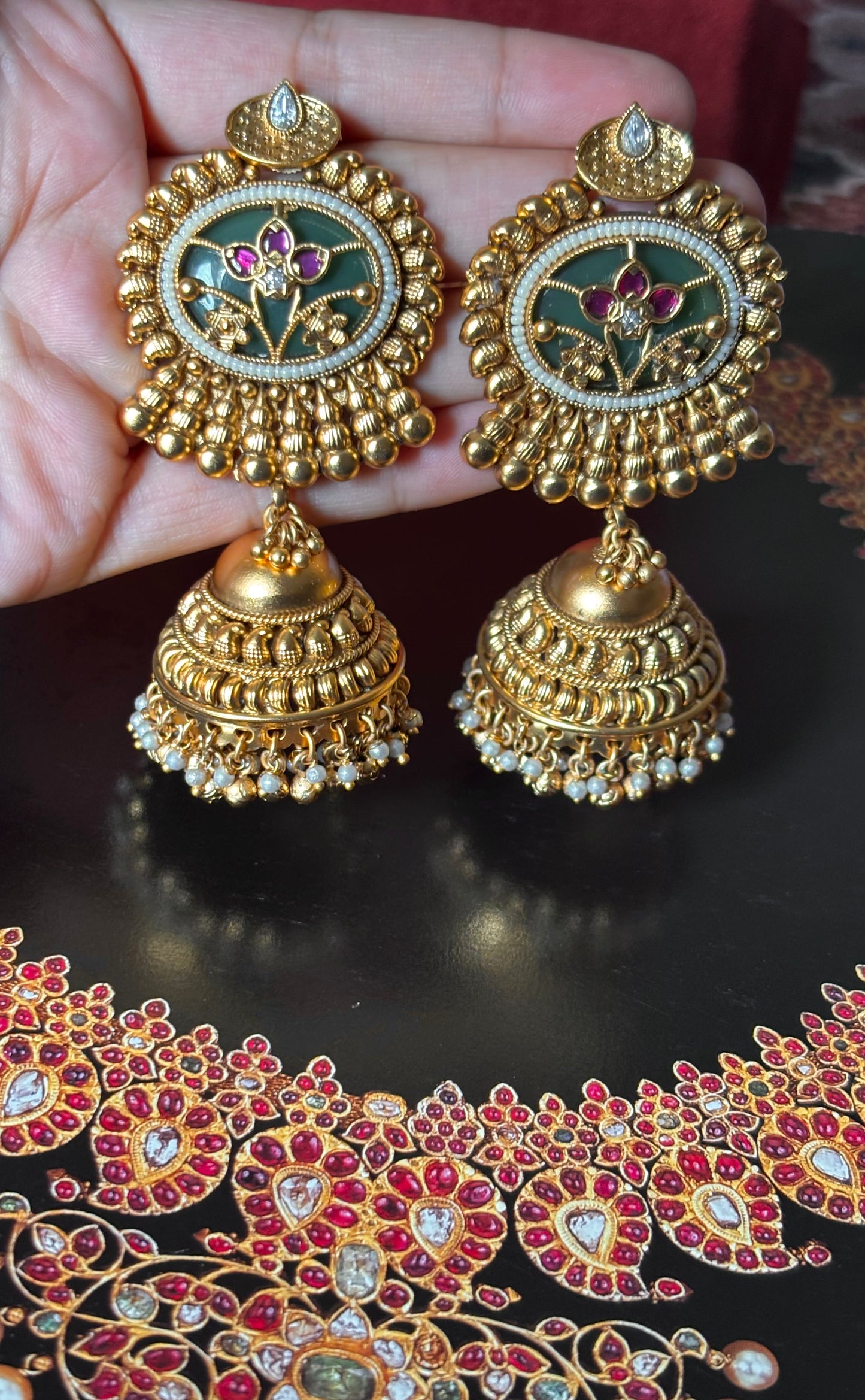 Mint inlay with rani pink floral golden jhumki earrings