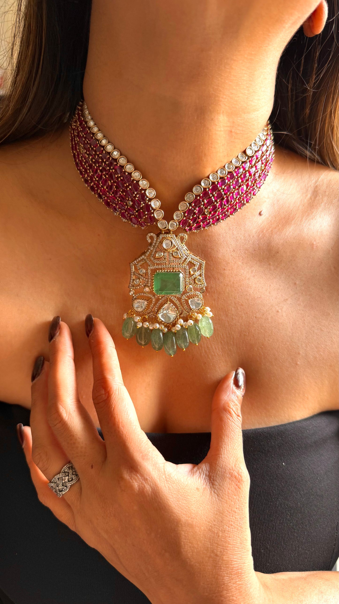 Mint doublet and rani pink moissanite collar necklace set