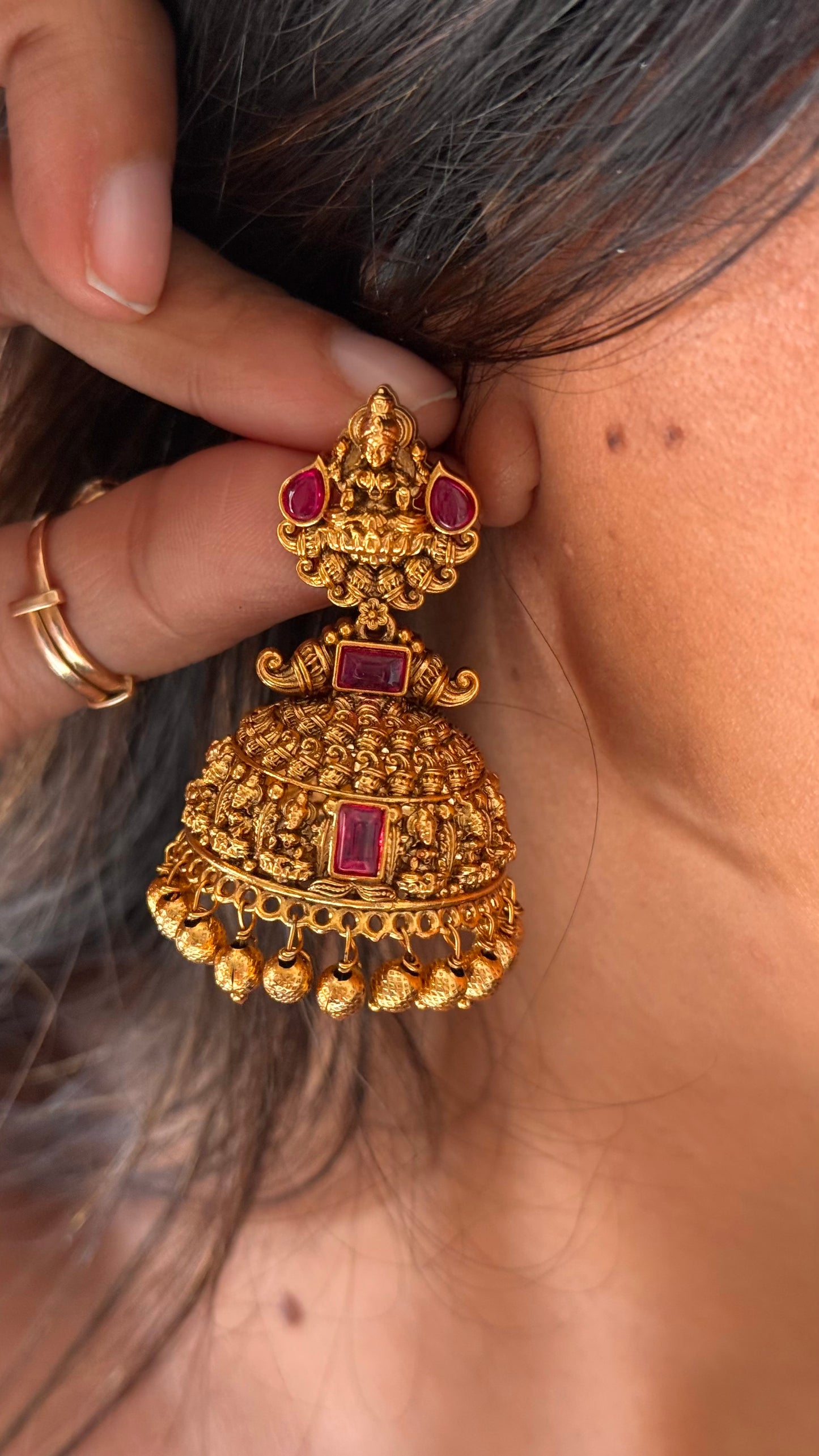 Goddess Laxmi Rani pink ruby temple Jhumka with gold droping
