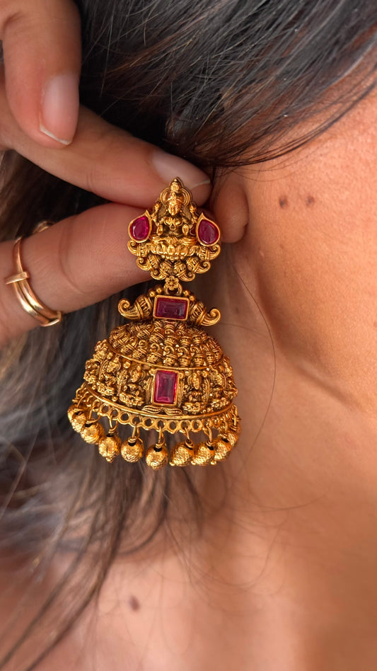 Goddess Laxmi Rani pink ruby temple Jhumka with gold droping