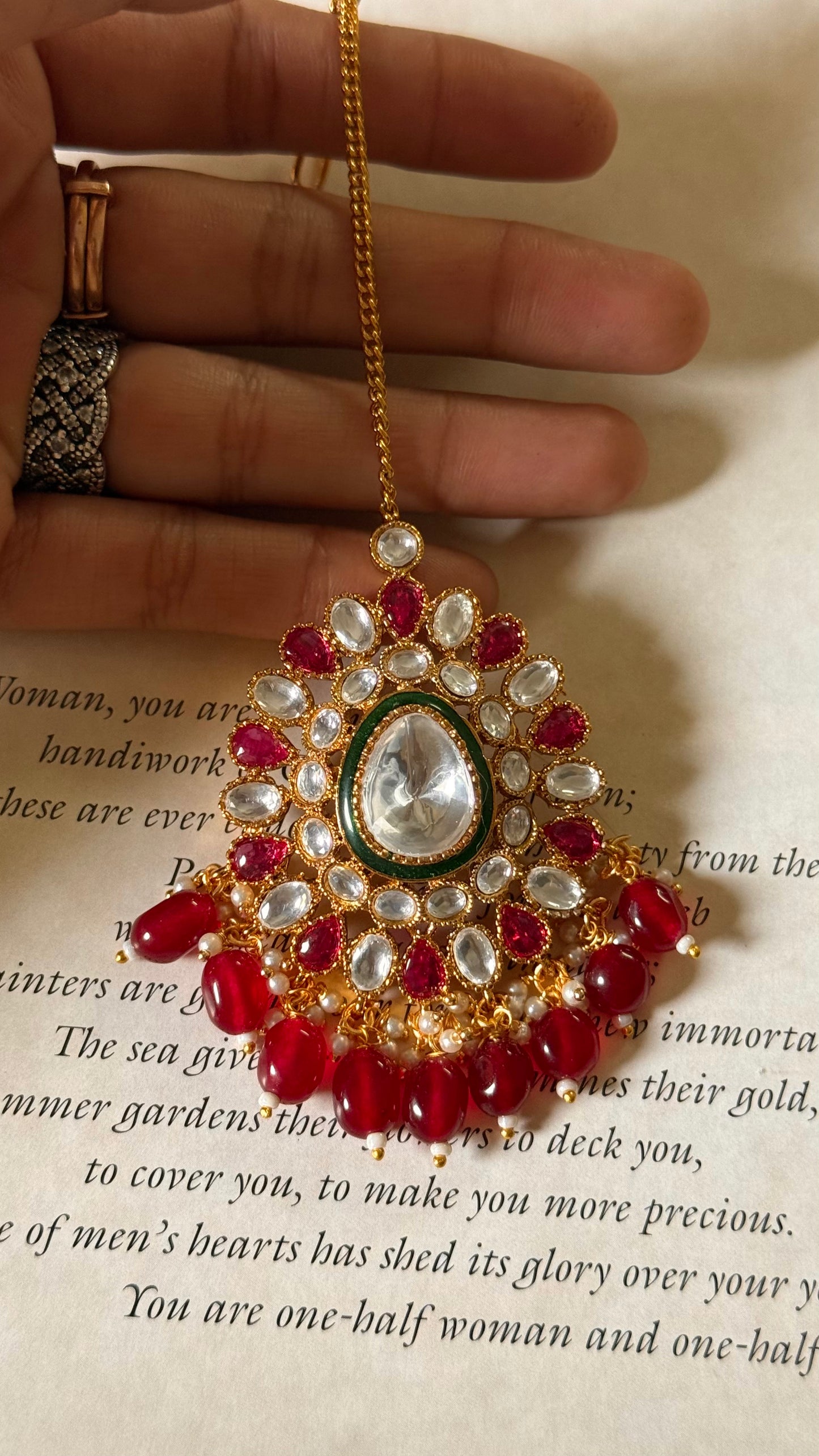 Ruby moissanite & emerald meenakari maangtika