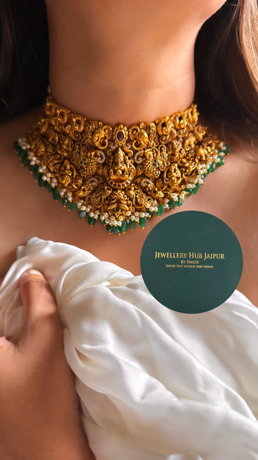Goddess laxmi & peacock design with emerald & pearl drop temple choker set