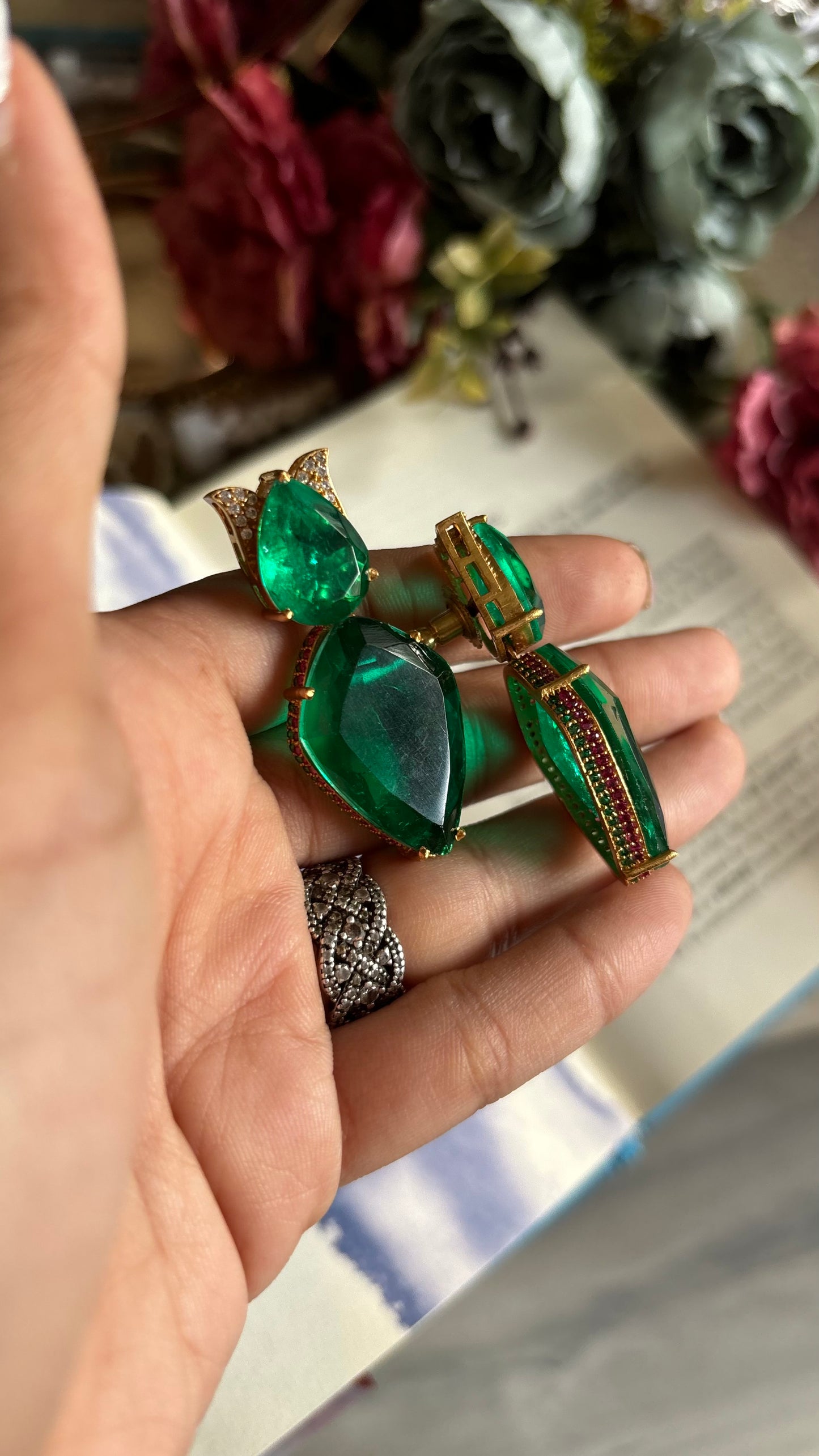 Emerald doublet designer danglers with ruby lining