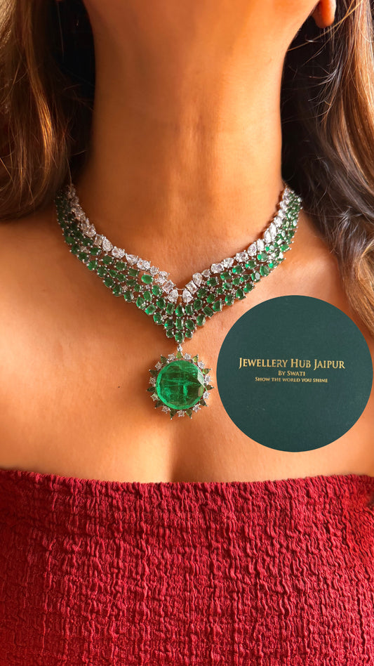 Emerald doublet cz emerald diamond  collar set