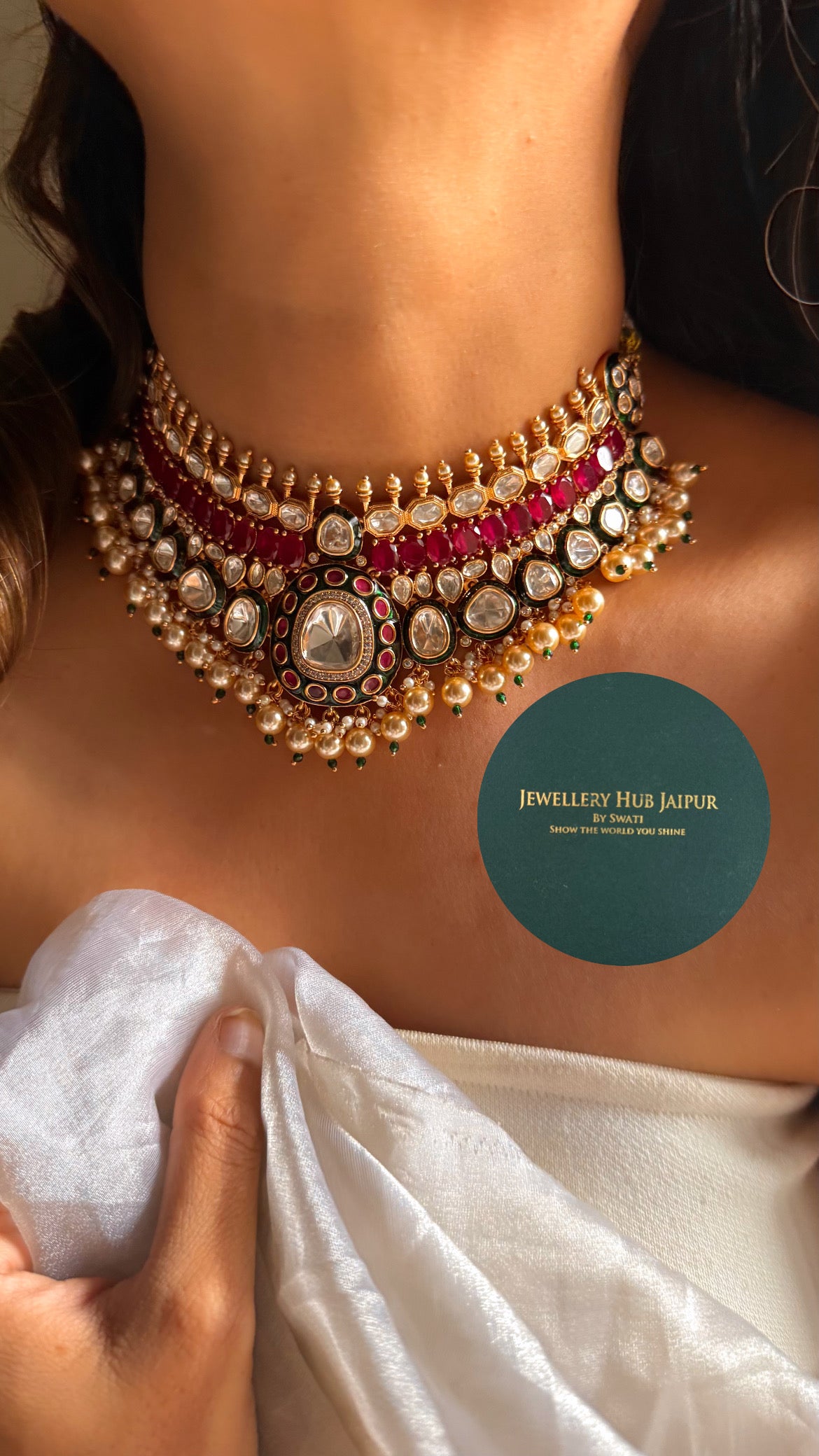 Emerald meenakari & rani pink doublet bombay polki with pearl drop choker set