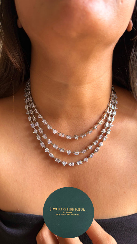 Uncut cz diamonds triple line Necklace