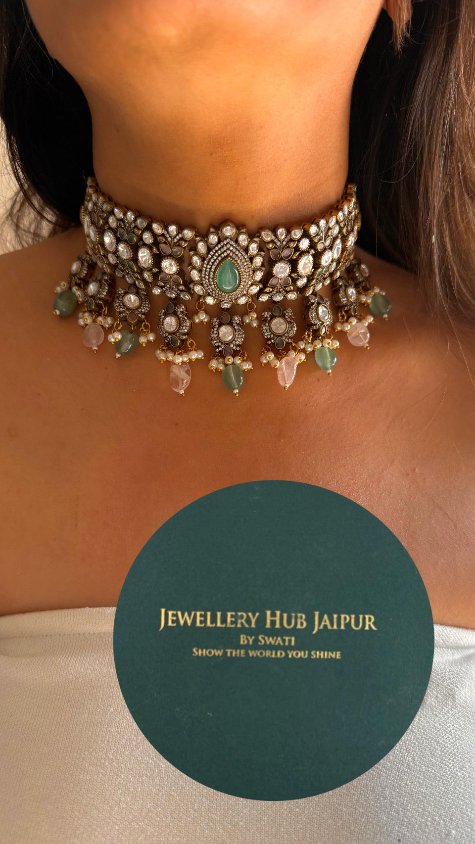 Mint & pink Victorian choker with studs