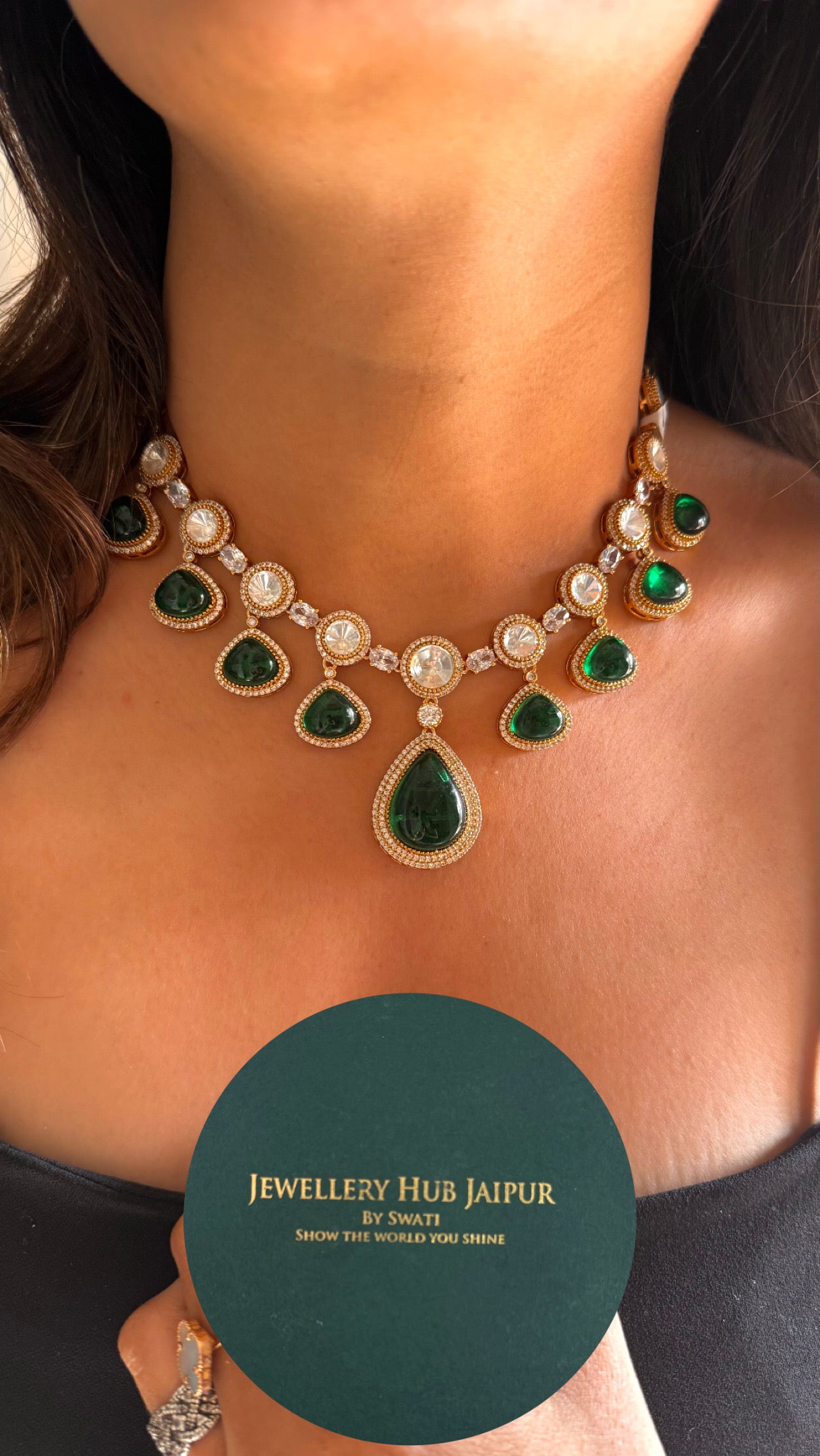 Emerald doublet gold polki necklace