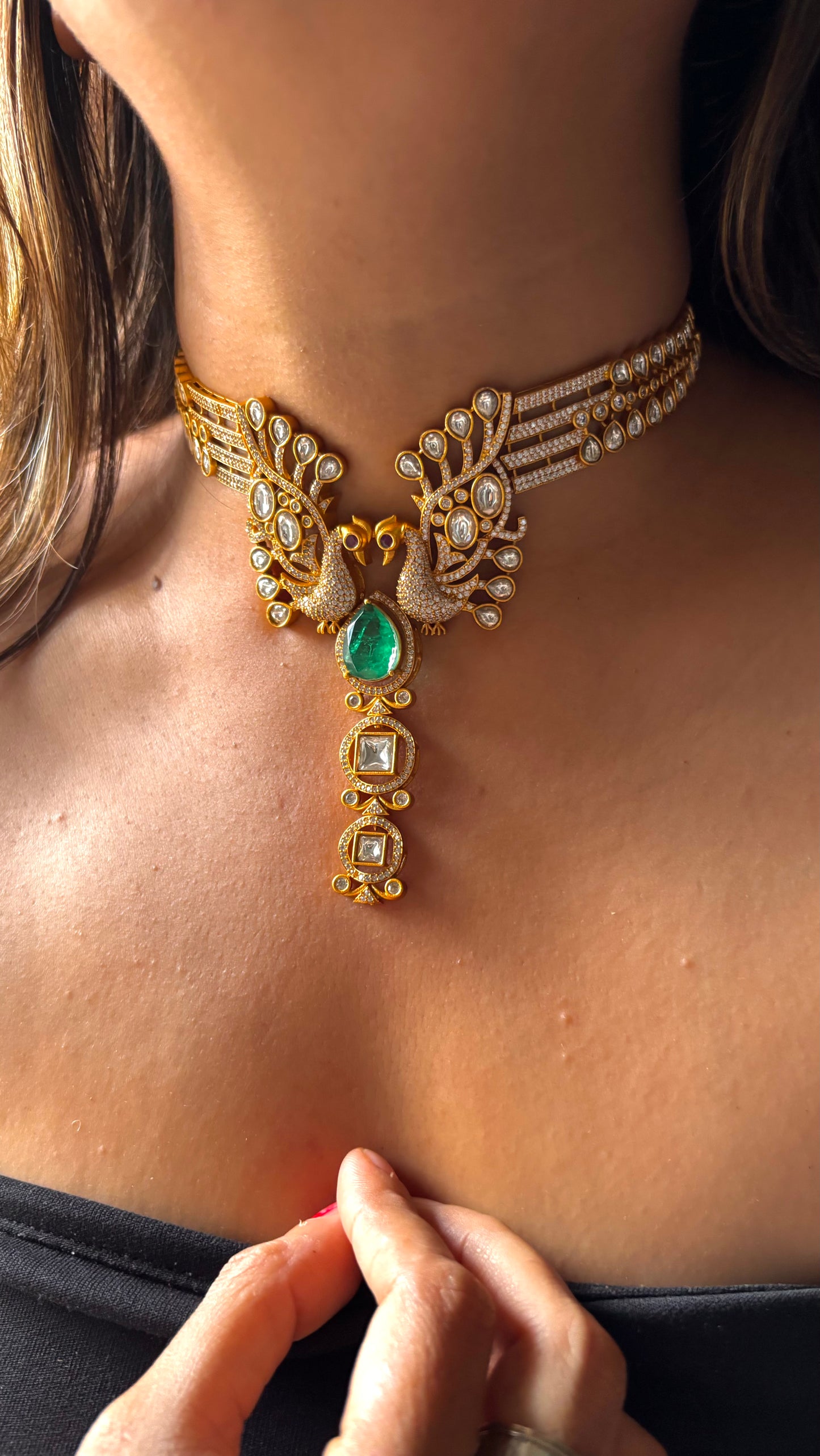 Peacock inspired contemporary emerald necklace with ear cuffs