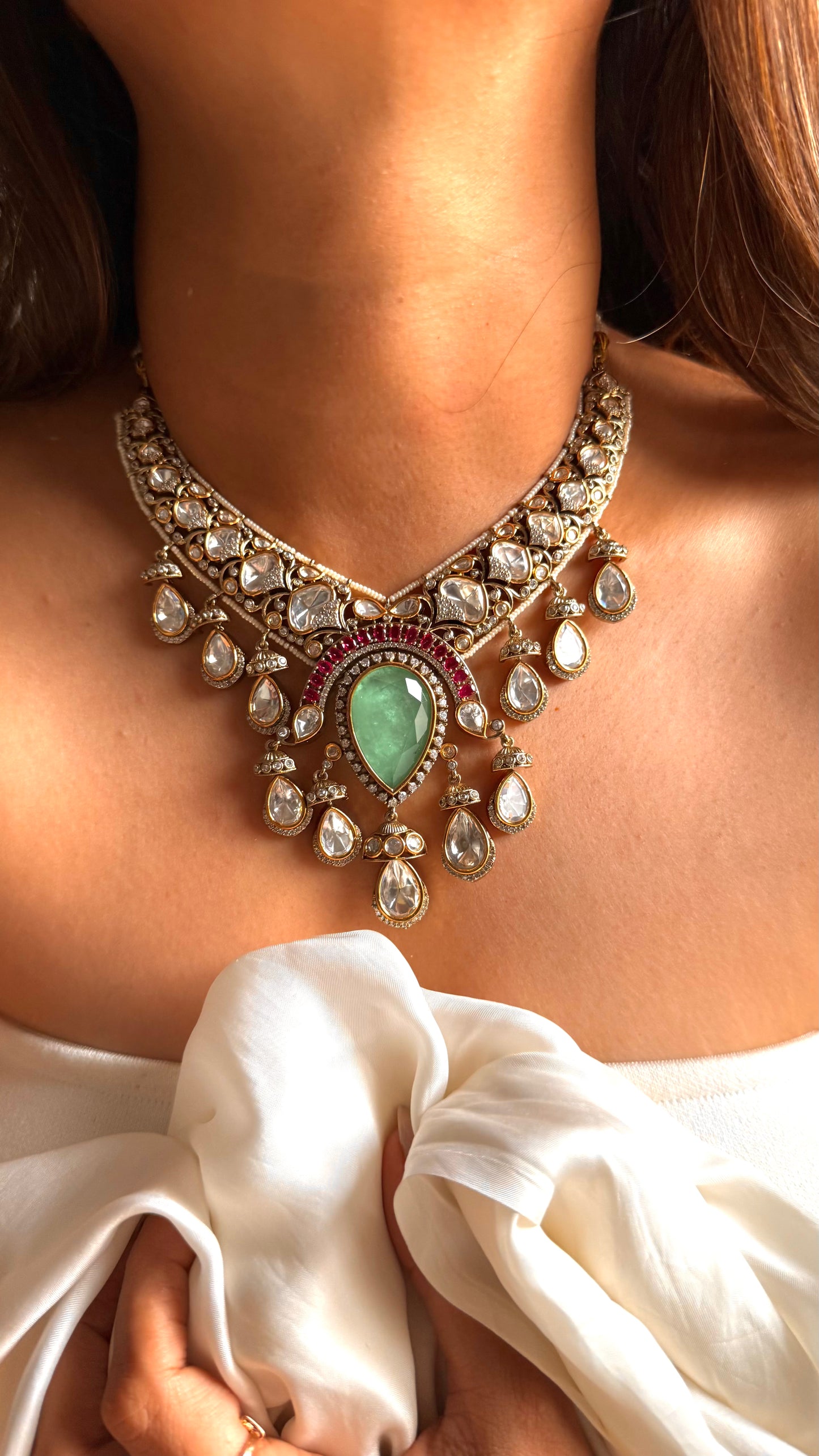 Vaishnavi Mint doublet & rani pink Moissanite set