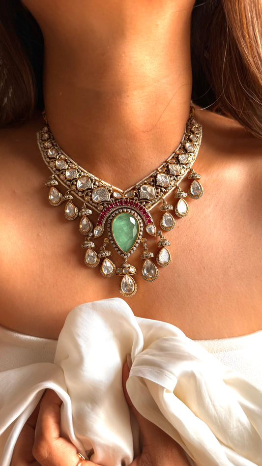 Vaishnavi Mint doublet & rani pink Moissanite set
