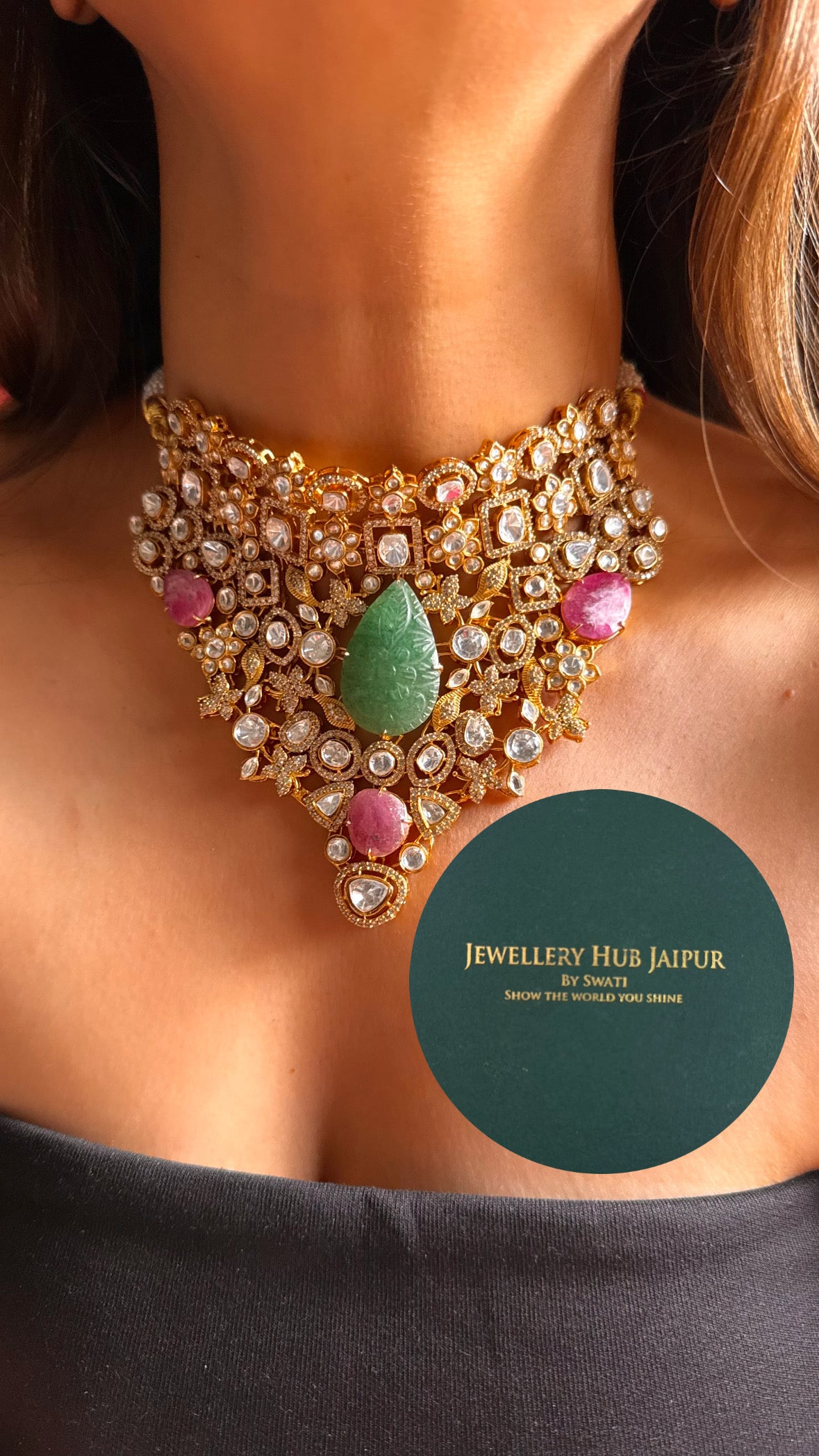 Mint inlay handmade & pastel rani pink gem with moissanite polki choker set