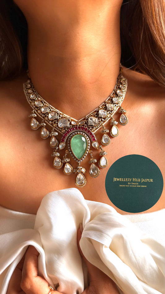 Vaishnavi Mint doublet & rani pink Moissanite set