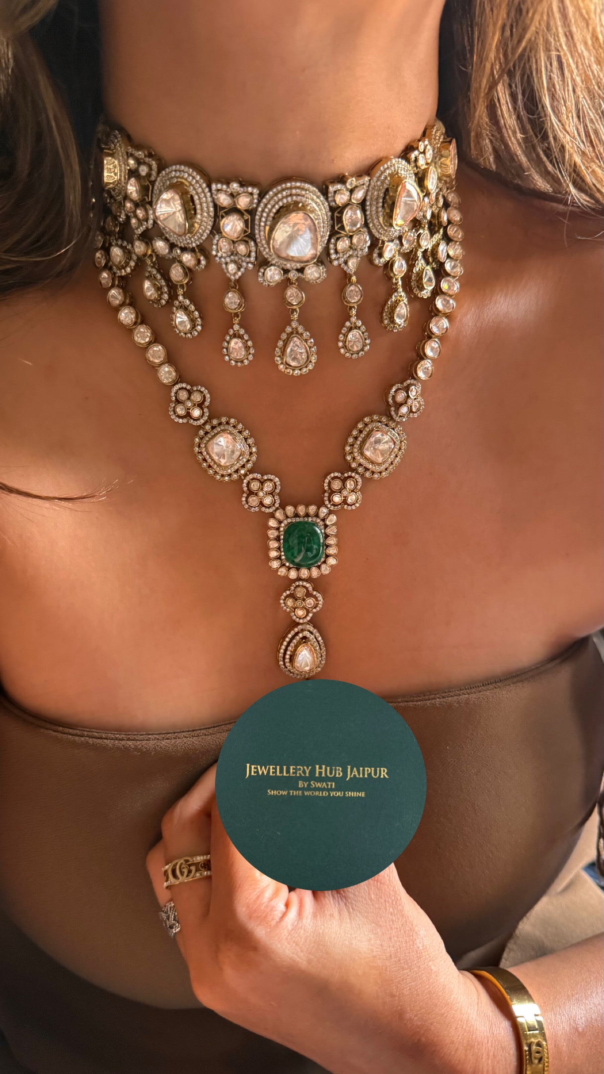 Emerald doublet with uncut peeli polki combo necklace