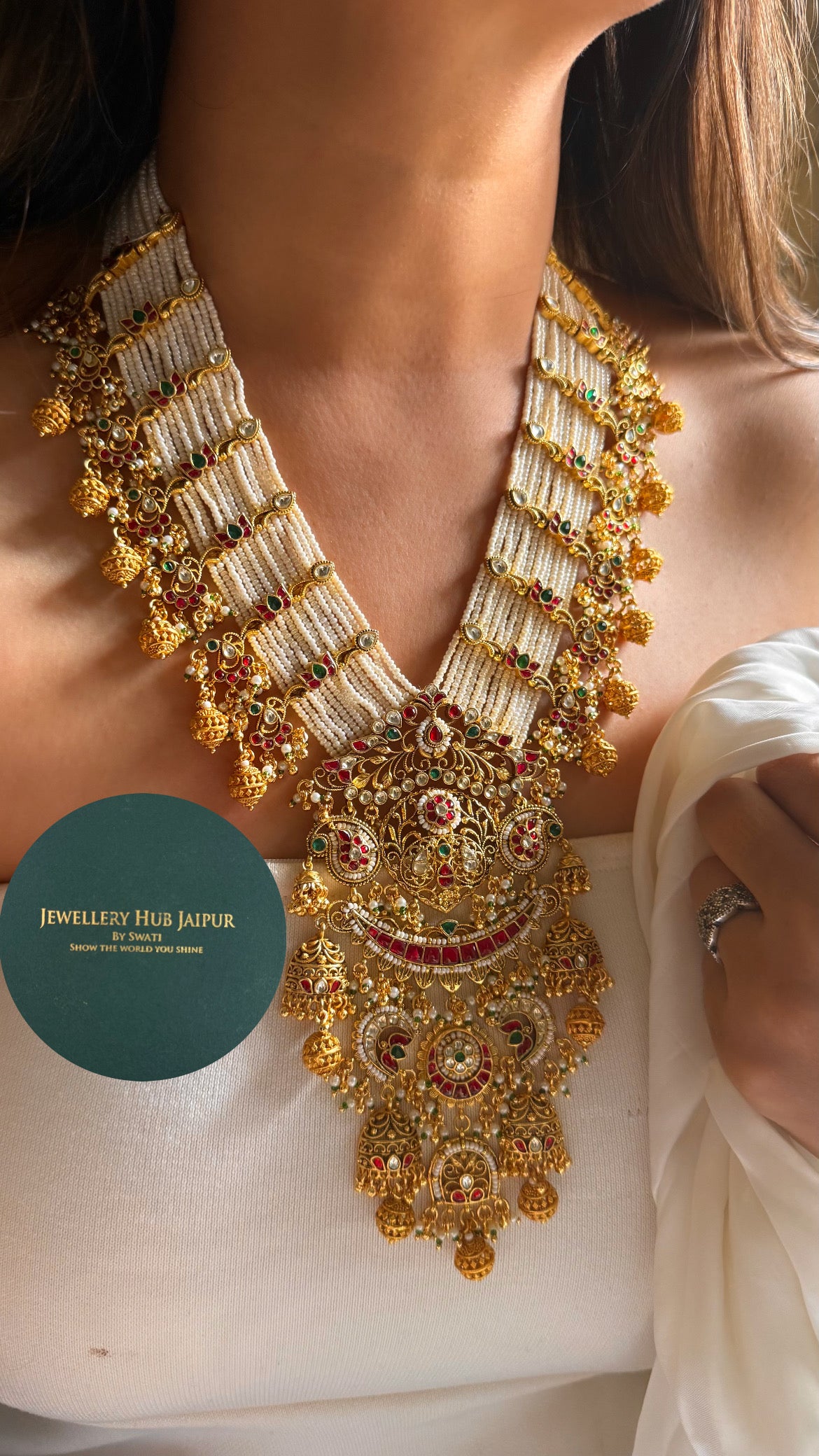 Handmade Heritage Polki Rani pink & emerald heritage design rajwada mid length set