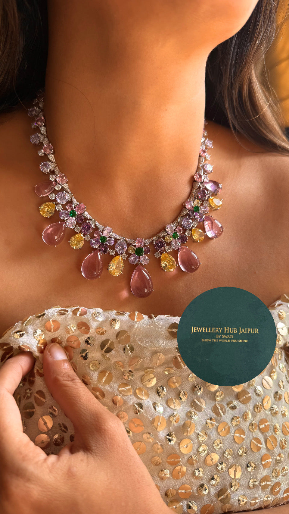 Rose Quarts, emerald & topaz bvlgari inspired designer necklace