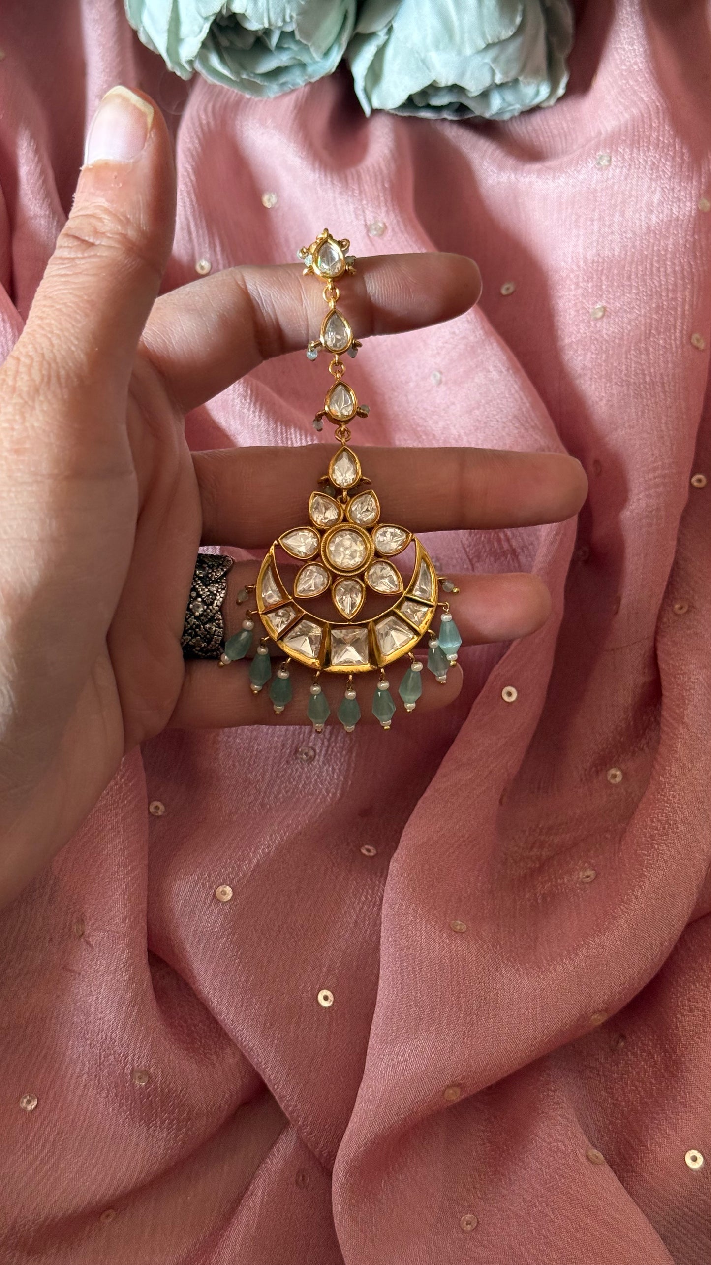 Chandbali maangtika with mint drops