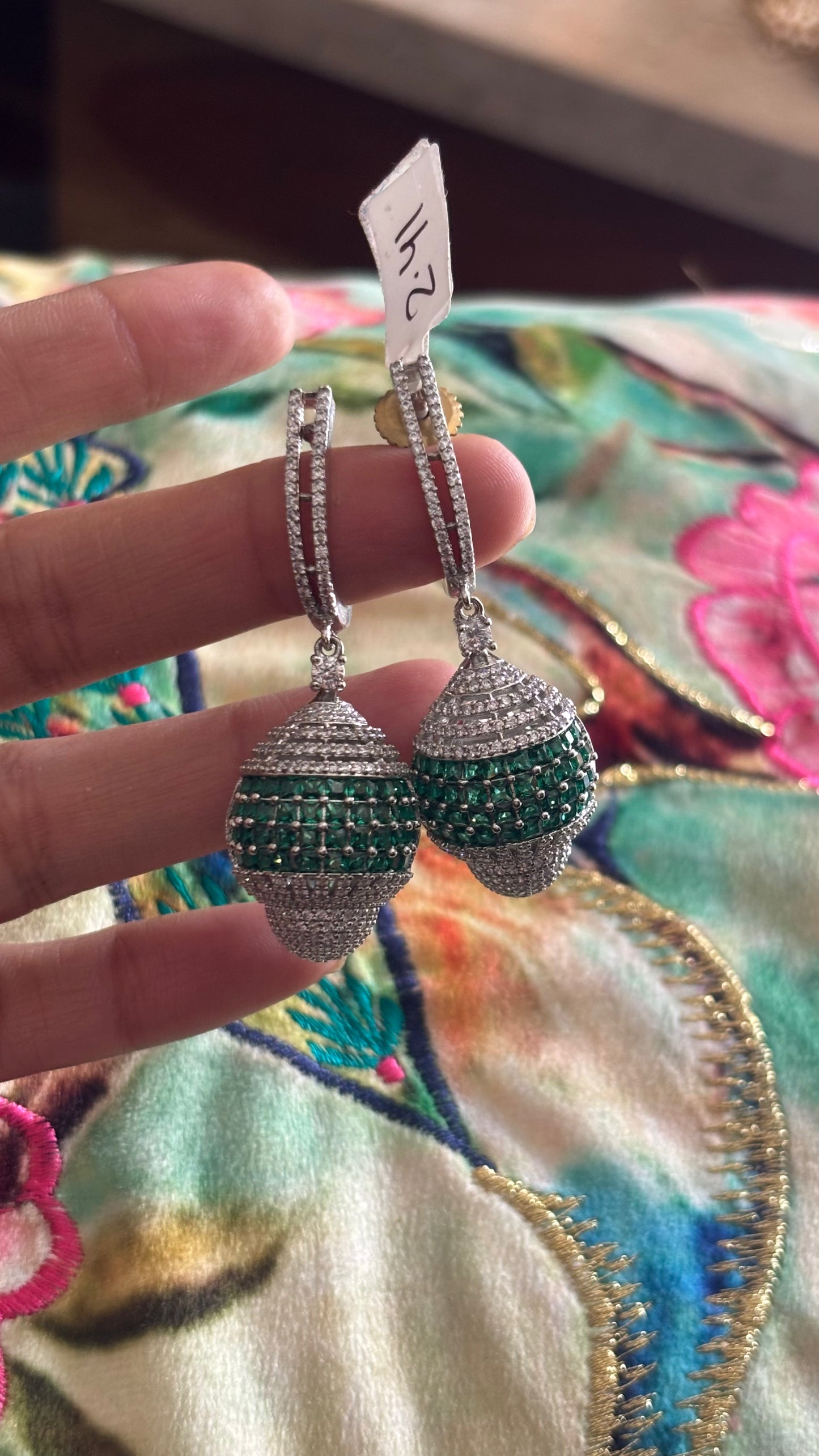 Emerald diamond danglers