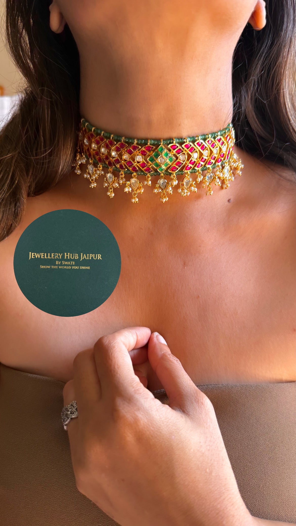 Heritage Rani pink & emerald real moissanite designer choker set