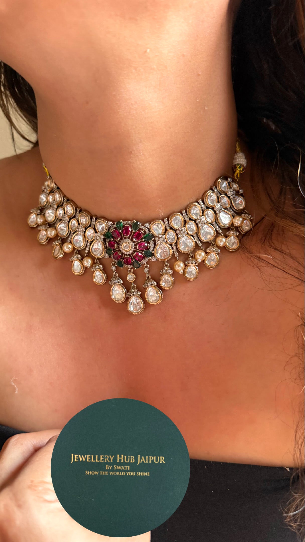 Emerald & rani pink ruby doublet with moissanite polki designer Necklace