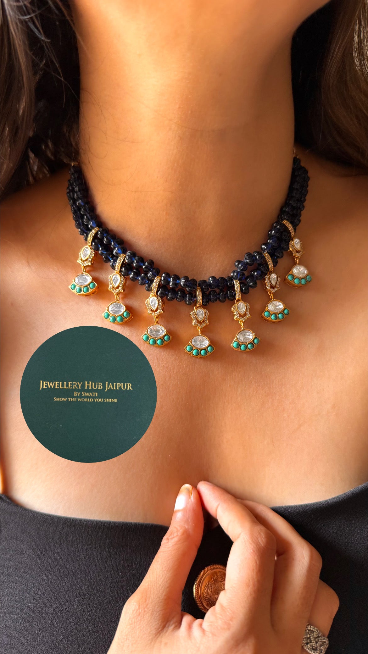 Amrapali inspired Natural stone Firoza moissanite & sapphire minimal collar set