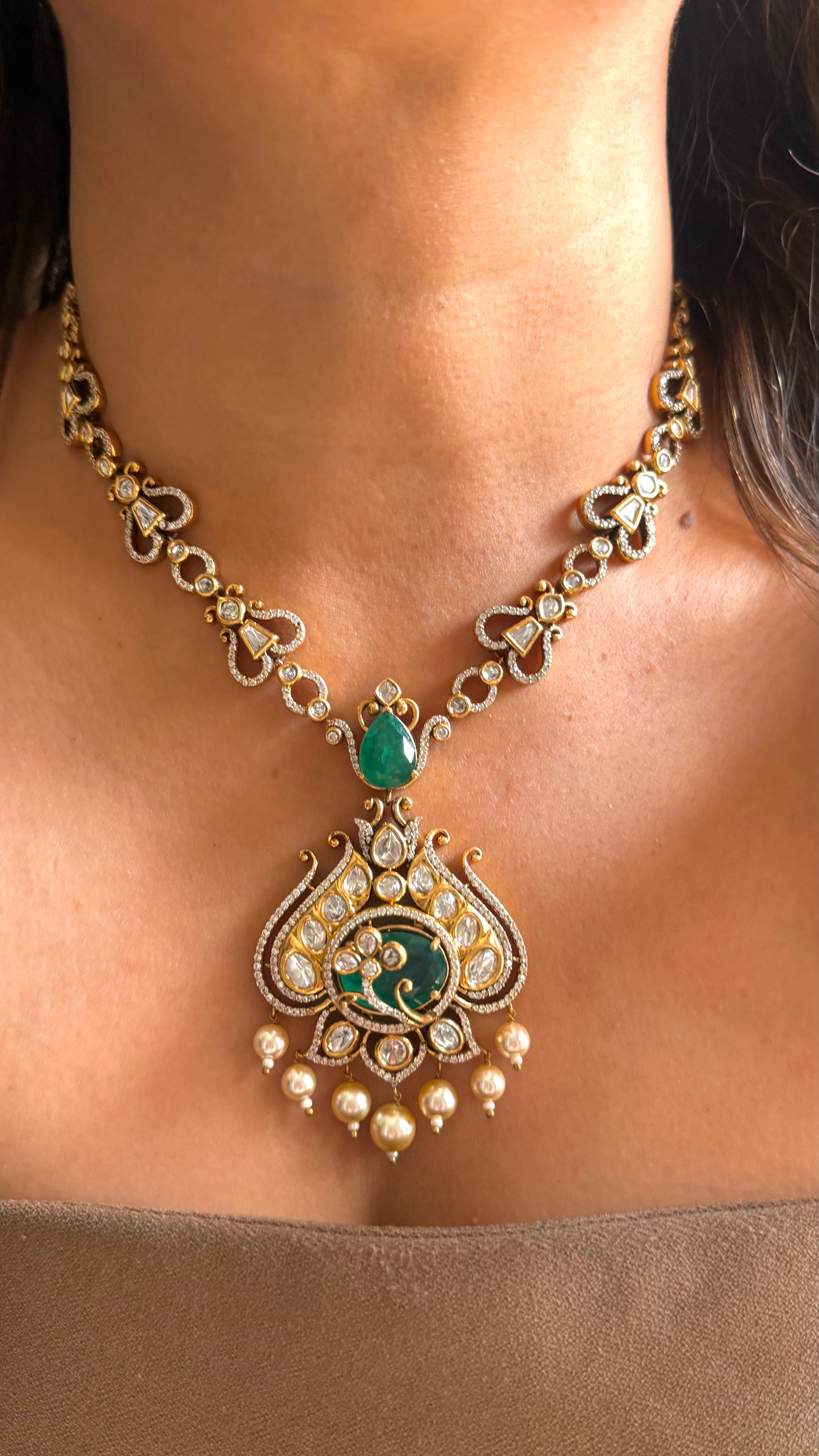 Emerald dual polish victorian Designer Necklace