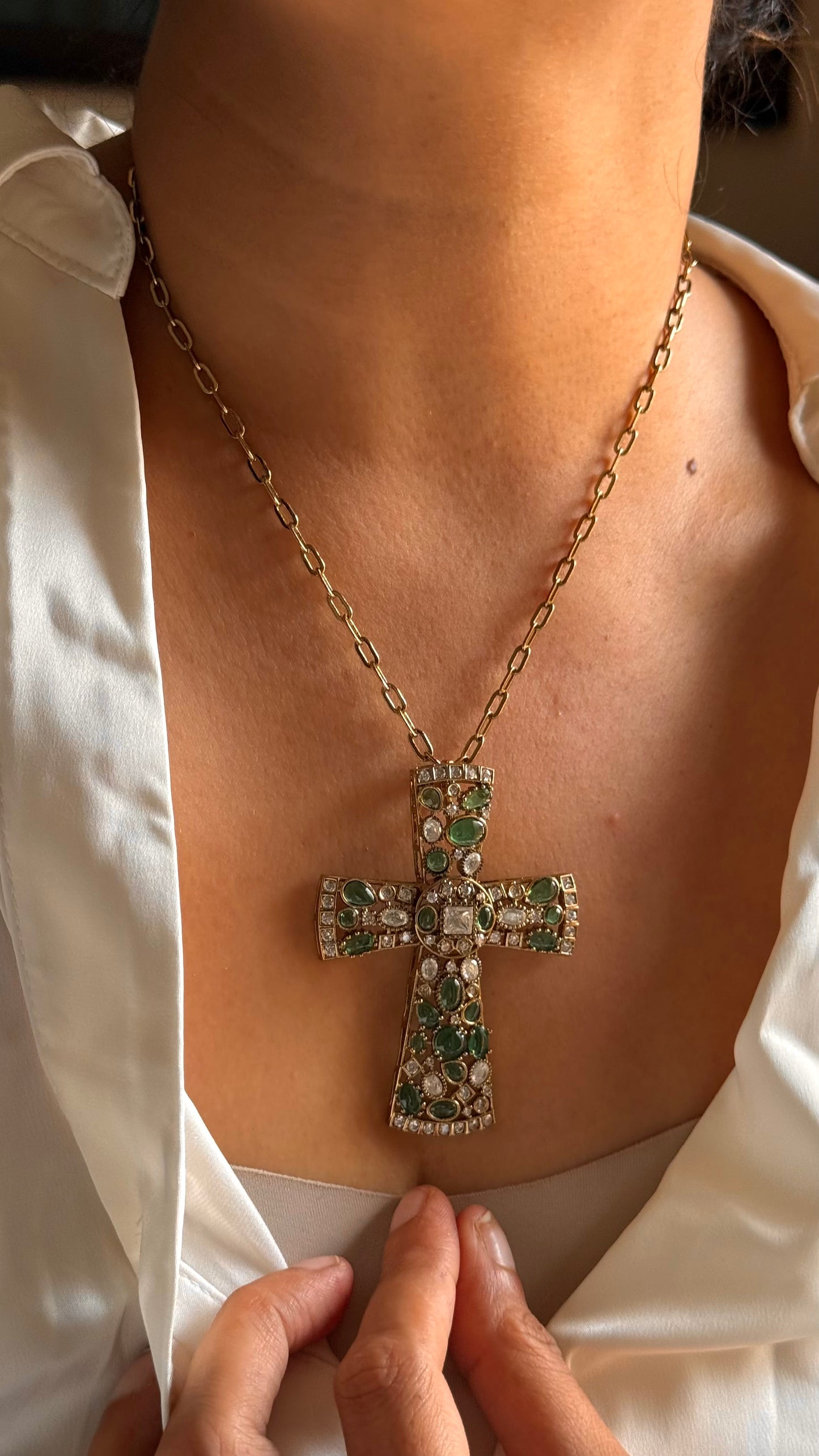 Sabyasachi inspired Green Gemstone and Pavé Byzantine Cross Necklace Set
