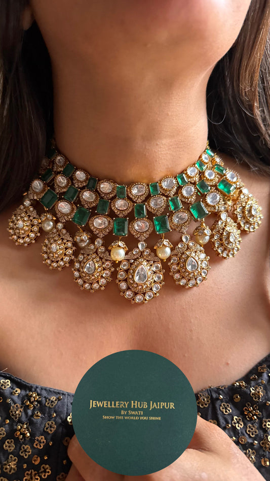 Emerald doublet with real moissanite choker Necklace