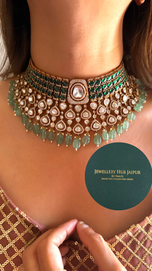 Anshika Emerald moissanite polki & mint drops choker