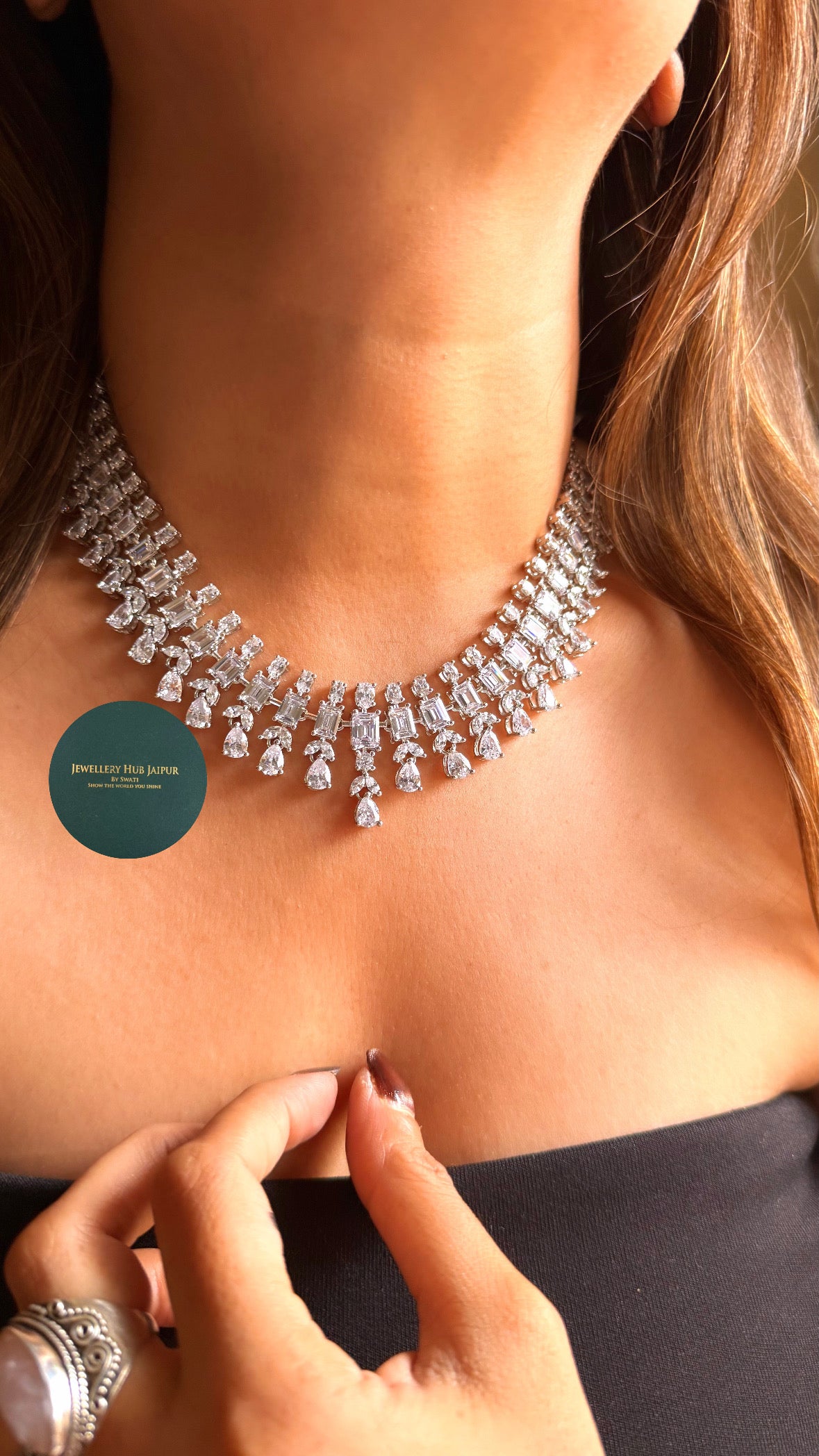 Block & drop shape cz diamond necklace
